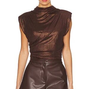Muse Metallic Brown Draped Padded Shoulder Top size Small